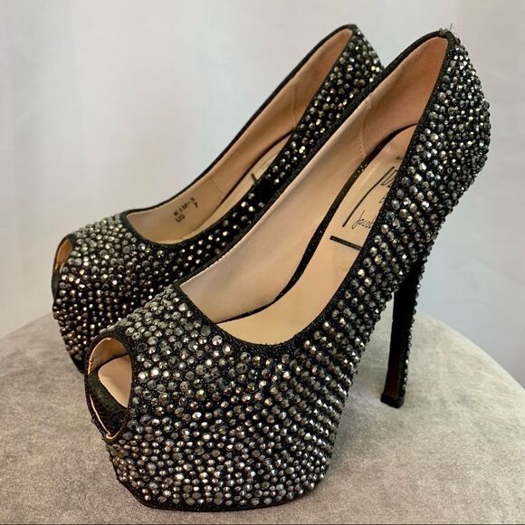 Desire By Jacobies Silver Rhinestone Embellished Platform pump high heels size 7 - Picture 3 of 10